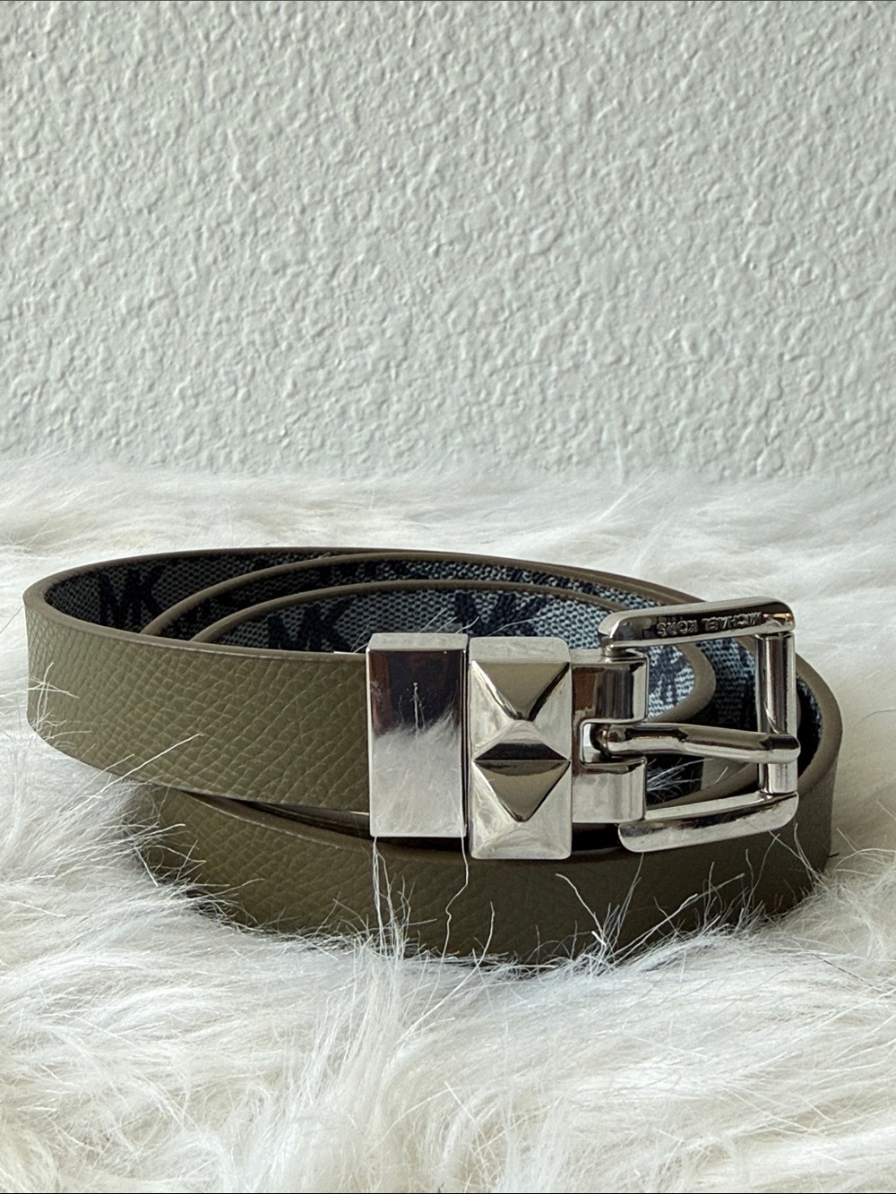 Michael Kors Reversible Olive and Logo Leather Belt with Silver Stud Buckle